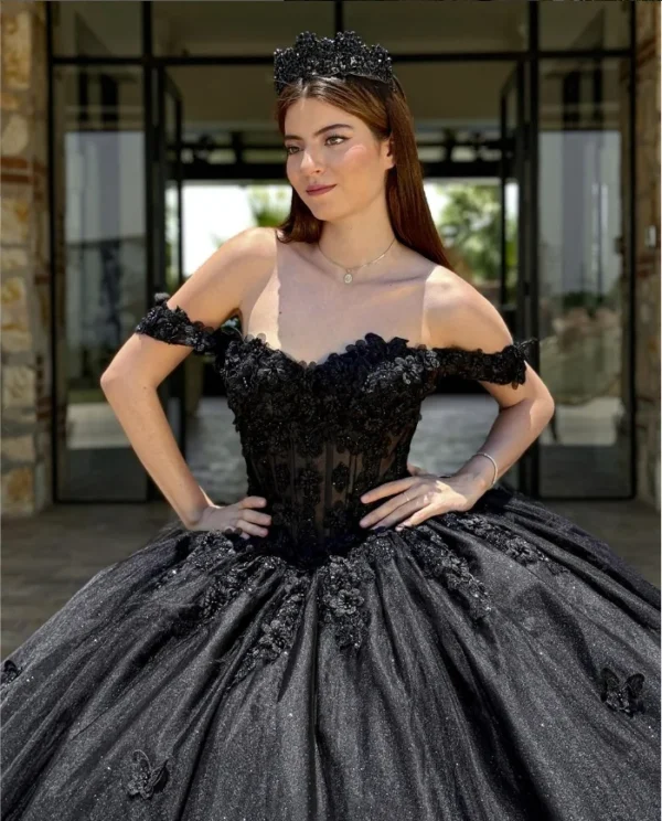 Black Quinceanera Dresses Strapless Corset 3D Floral Cathedral Train - Image 3