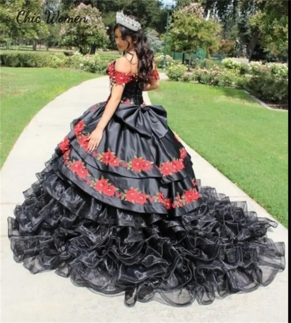 Black Quinceanera Dresses Mexican Charro Tiered Organza Custom Gown - Image 2