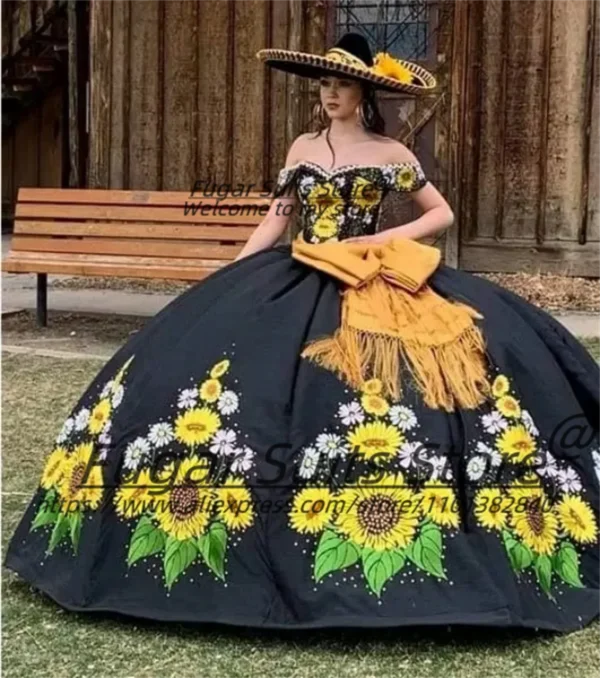 Black Quinceanera Dresses Off Shoulder Bow Ball Gown Charro 2024