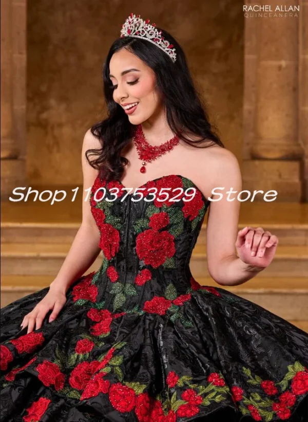 Black Quinceanera Dresses 3D Floral Embroidery Corset Lace-up Custom - Image 2